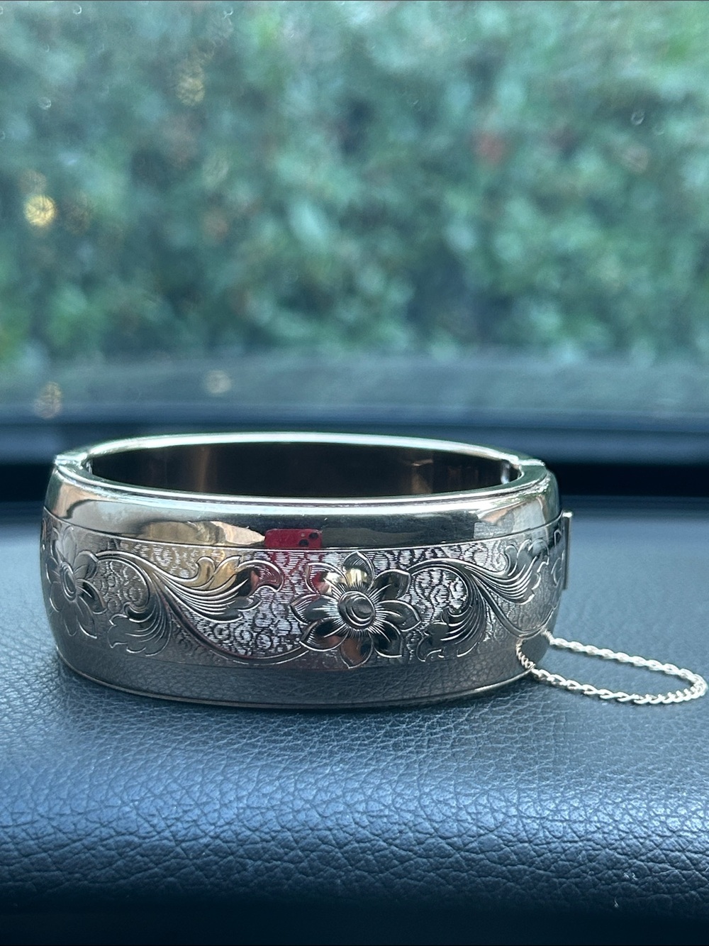 Engraved Floral Hinged Bangle Bracelet in Silver Tone 6.5”-6 3/4